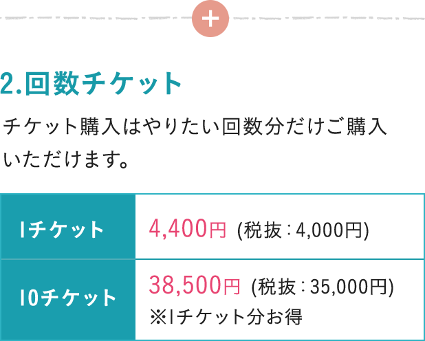 2.回数チケット チケット購入はやりたい回数分だけご購入 いただけます。 1チケット 4,400円 (税抜:4,000円) 10チケット 38,500円 (税抜:35,000円) ※1チケット分お得
