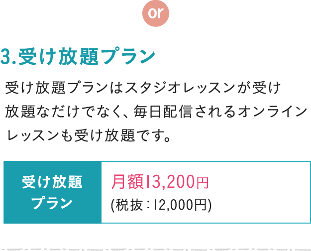 3.受け放題プラン 受け放題プランはスタジオレッスンが受け放題なだけでなく、毎日配信されるオンラインレッスンも受け放題です。 受け放題プラン 月額13,200円 (税抜:12,000円)